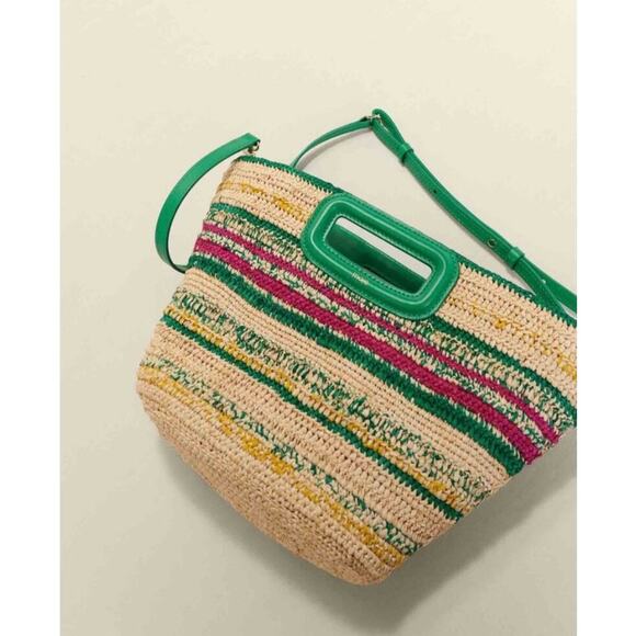 NEW NWT MAJE M Mini Striped Raffia Basket Bag Vert Casino Green - Picture 3 of 10